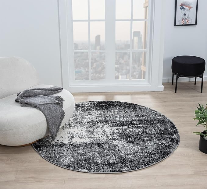 Keen Home Design Area Rugs - 8ft Round Non-Shedding, Abstract Rugs for Kitchen, Living Room, Bedroom, Dining Room, Entryway - Size: 7'10" Round, Abstract Black