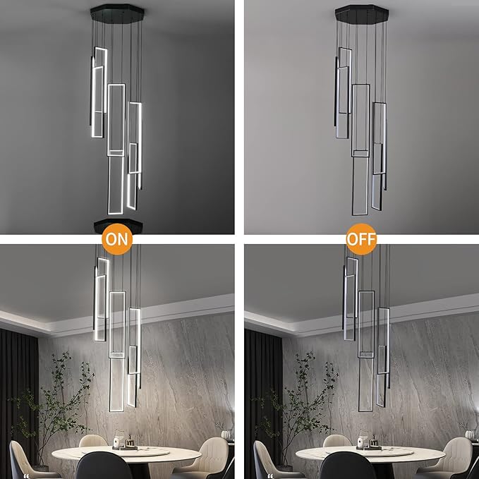 Modern Kitchen Island Dimmable Pendant Light Fixture Black 144W LED Pendant Lights 8 Rings Rectangular Chandelier Staircase Large Chandelier Lobby Living Room Foyer High Ceiling Chandeliers