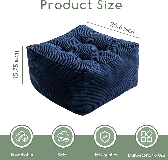 HIGOGOGO Square Stuffed Pouf Ottoman, Corduroy Poufs with Foam Chunk Filling, Furry and Fluffy Pouf Foot Stool Storage Ottoman, 25.6 X 25.6 Floor Poufs Foot Rest for Living Room, Navy