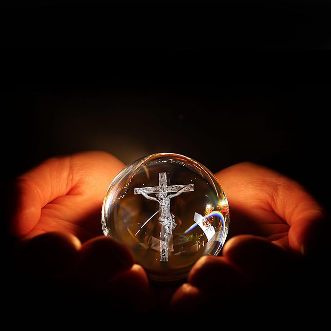 60mm 3D Glass Laser Etched Cross Jesus Crystal Ball with Stand Jesus Crucifixion Scene Figurine Crystal Cross Jesus Easter Decoration for Christianity Catholic
