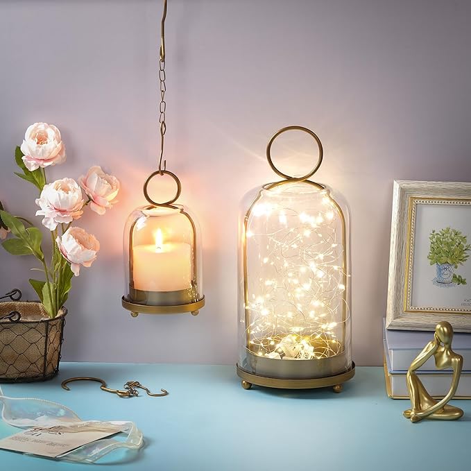 6" & 4" Versatile Modern Metal Hurricane Lantern in Set of 2 with Handmade Sturdy Glass Dome for Pillar Candle & Plants (Brass, 4"x7.5" &6.3"x11.2")