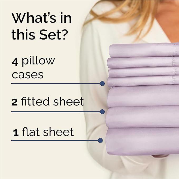 Split King Sheets Set 7 Piece - Includes 4 Pillowcases - Bed Sheets Split King - Soft Hotel Luxury Bedding - Cooling & Breathable - 1 Flat & 2 Fitted & 4 Pillowcases w/ Deep Pockets - Light Lavender