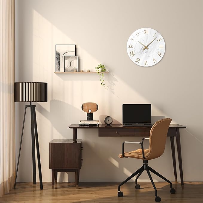 Round Marble Battery Wall Clock Modern 14 Inch White Minimalist Wall Clock for Kitchen Quartz Glass Slient Clock for Wall