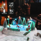 VCUTEKA Christmas Village Houses, Santa Claus with Tree and Rotating Kids Skating Lighted Musical Christmas Village Collectible Building for Xmas Indoor Decorations or Holiday Table Displays