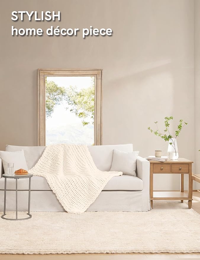 YnM Chunky Throw Blanket, Hand Knitted with Chenille Yarn, Skin Friendly, Ventilated and Breathable, Machine Washable, Home Décor Piece for Couch, Sofa and Bed (Butter Cream, 30x40 Inch)