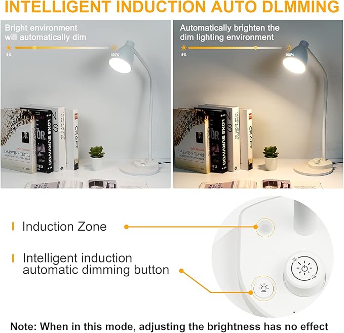 BOHON LED Desk Lamp with USB Charging Port, 3 Color Modes Dimmable Reading Lamp, Auto Dimming Task Lamp, Flexible Gooseneck Table Light for Dorm Bedside, Adapter Include, White