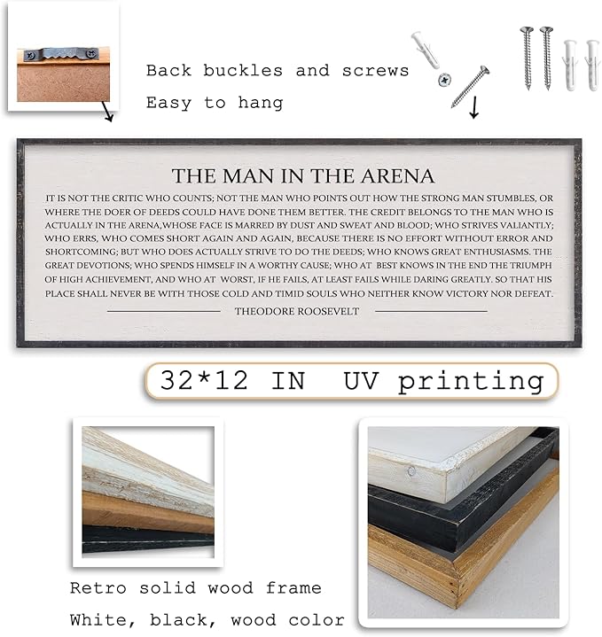 LuZhiQiang The Man in the Arena Wall Decor 32''x12'' Inspirational Quotes Office Wood Framed Sign Rustic Home Motivational Art For Man Entrepreneur Morden Living Room Wall Hanging Decor (Black)