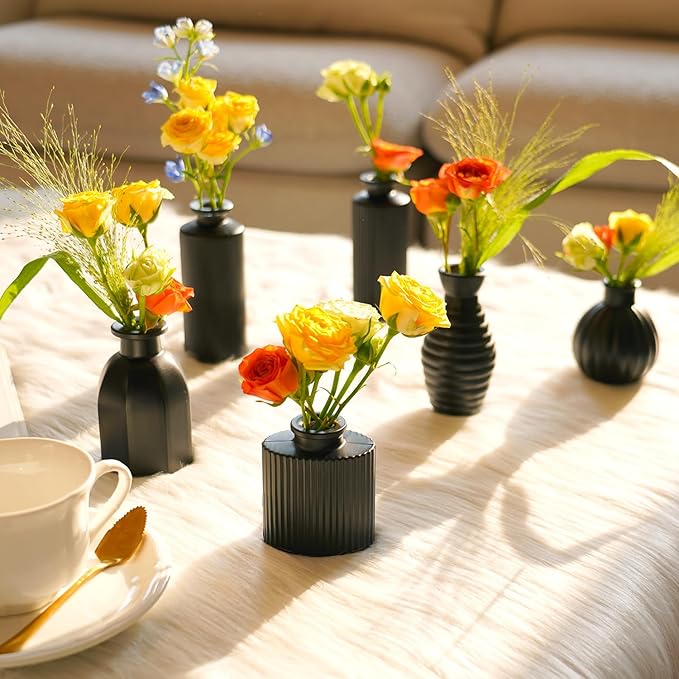 Black Vase, Bud Vases Set of 12, Small Glass Vase for Decor Centerpieces, Matte Ribbed Modern Vintage Flower Vases for Wedding Party Table Decoration Home Decor in Bulk