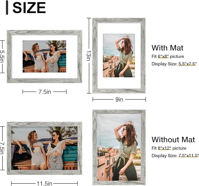 Vittanly 8x12 Picture Frames Set of 9, Shatter Resistant Plexiglass, Display 6x8 Pictures with Mat or 8x12 without Mat, Photo Frames for Wall or Tabletop, Engineered Wood, Grey
