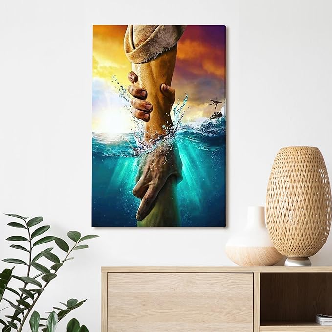 Framed Jesus Christ Canvas Wall Art The Hand of God Jesus Reaching Into Water Christian Painting Prints Biblical Wall Decor Religious Room Decor for Church Prayer Room Schools Hospitals 16" x 24"
