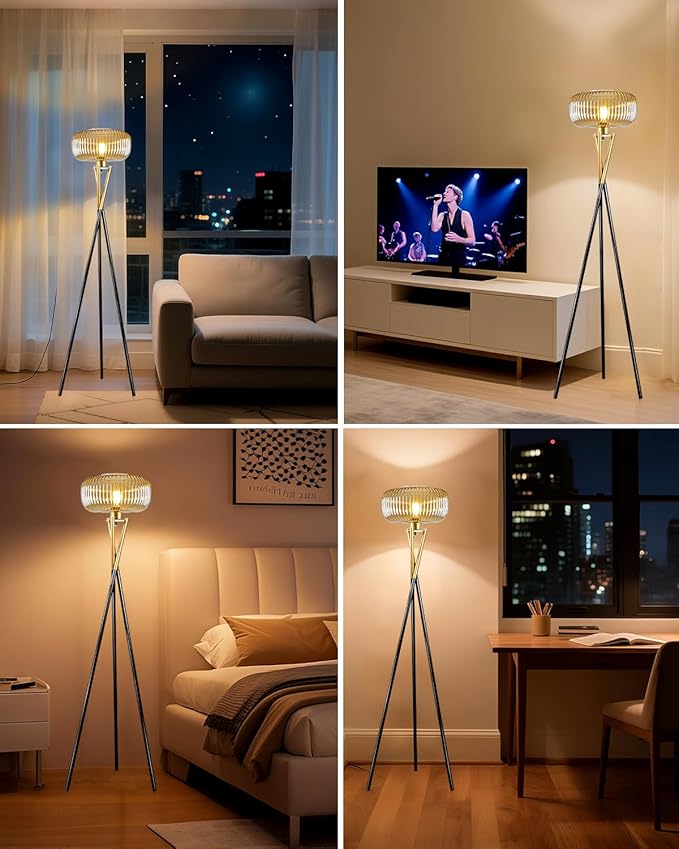 Lightdot Glass Tripod Floor Lamp for Living Room, Modern Gold&Black Standing Lamp with Ribbed Champagne Glass Lampshade, Arc Tall Lamp for Bedroom Office Reading Room, (LED Bulb Included)