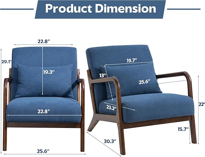 Modern Accent Chair, Cotton Linen Fabric Upholstered Lounge Armchair with Solid Wood Frame for Living Room, Bedroom, Reading Nook (Blue)