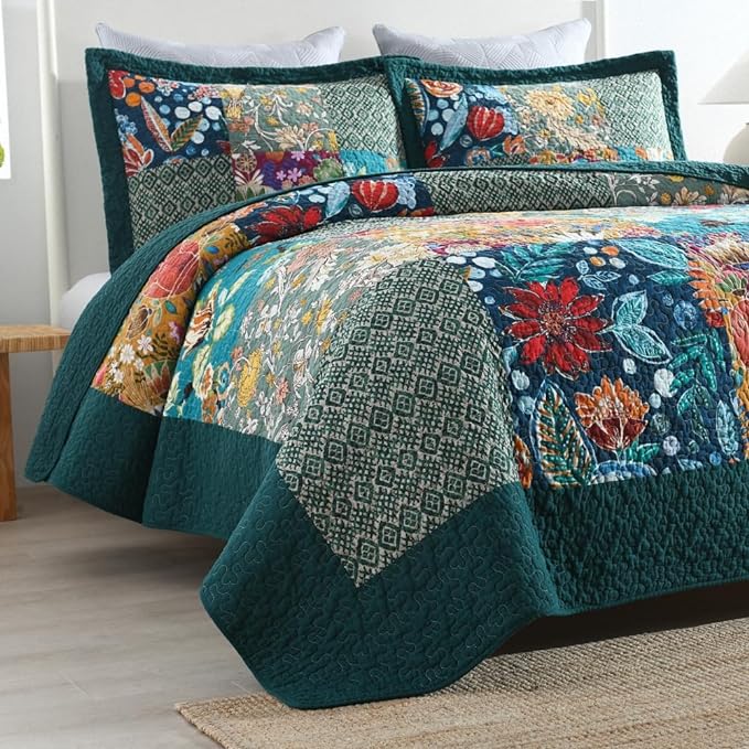 ENASAL Cotton Bedspread Quilt Sets Reversible Bedding Coverlet Sets Comforters, Patchwork Vintage Floral Turquoise Bedspread, Queen Size