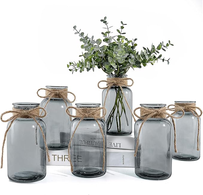 Vintage Glass Vases for Flowers, Set of 6 Grey Vases for Farmhouse Wedding Centerpiece Cylinder Bottle for Reception Table Decoration Home Decor Floral Arrangements