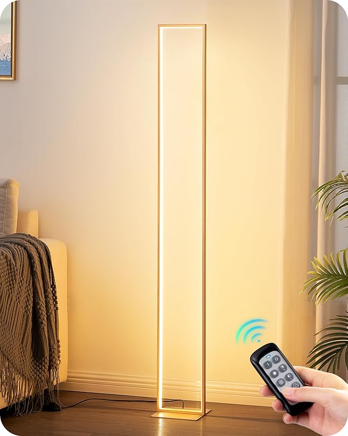 EDISHINE LED Floor Lamp, 55" Modern Minimalist Rectangular Corner Light 3000K-6000K Dimmable, Remote Control & Foot Switch, Metal Base Standing Lamps for Living Room, Bedroom, Office, Gold