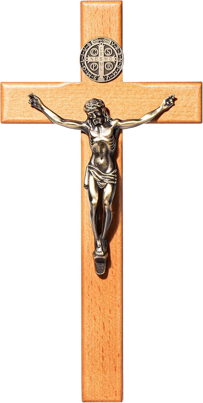 ACHIBANG 10" Crucifix Wall Cross Catholic, Wooden Wall Cross with Jesus and Saint Benedict Medal for Home or Prayer Room, Catholic Gifts