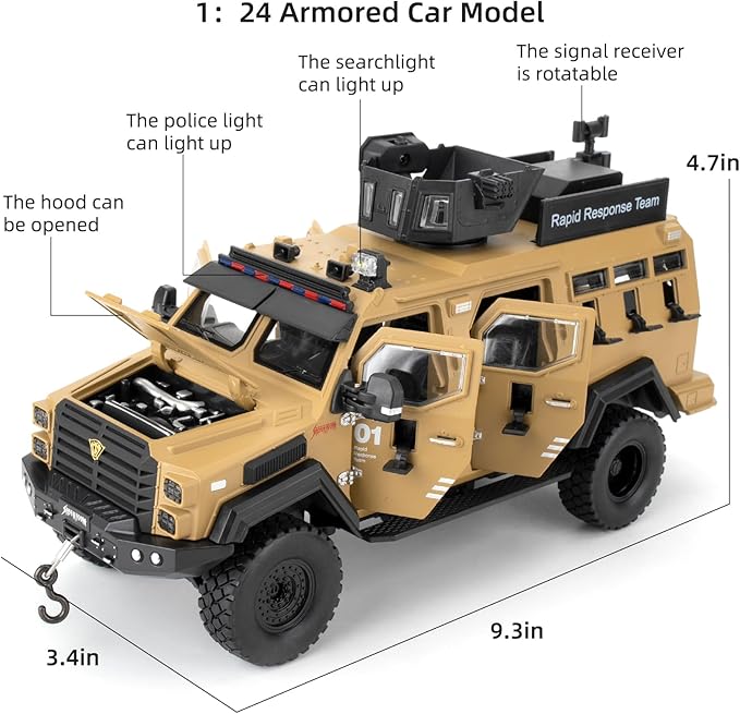 Compatible for 1:24 Alloy Armored Car Model, Collectible Diecast Saber-Toothed Tiger Explosive Protected Vehicle Toy, Pull Back Toy Car with Sound and Light for Adult Kids (Yellow)