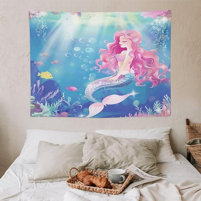 HZOHNAGO Mermaid Girls Tapestry Watercolor Mermaid Princess Pink Hair Pattern for Kids Room Decoration Printed Wall Tapestry Wall Hanging for Bedroom Living Room Dorm 40" W x 30" H