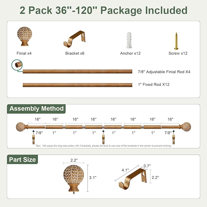 2 Pack Wood Curtain Rods for Windows 66 to 120 Inch,1'' Diameter Drapery Rods with Imitation Wood Grain Leaf Pattern Finials,Boho Adjustable Heavy Duty Curtain Rods Set,36-120'',Natural Wood