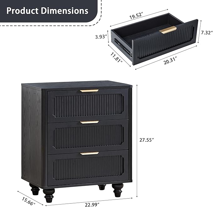 3 Drawer Dresser for Bedroom, Mid Century Modern Closet Dressers Chest of Drawers, Fluted Wood Wide Nightstand Storage Dresser with Drawers for Living Room, Dressing Room, Entryway, Hallway, Black