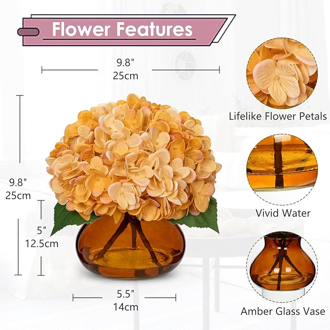 Hollyone Hydrangea Fall Flowers Artificial for Decoration with Glass Vase Yellowish Orange Silk Faux Flowers Arrangements in Vase with Fake Water Autumn Table Centerpiece Fall Decorations for Home