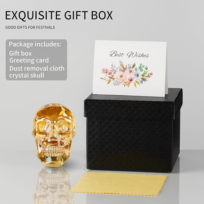 Crystal Halloween Skull Skeleton Decor, Gold Glass Skull Gifts for Men Home Decorations with Gift Box, Art Glass Day of The Dead Skull Halloween Paperweights Collectibles (Gold)