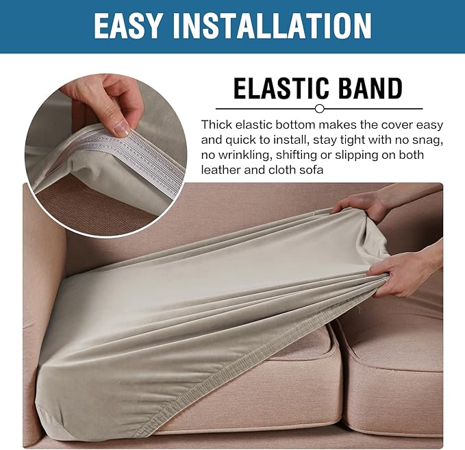 H.VERSAILTEX Velvet Stretch Couch Cushion Cover Plush Cushion Slipcover for Chair Loveseat Sofa Cushion Furniture Protector Seat Cushion Sofa Cover (2 Piece Large Sofa Cushion Covers, Oatmeal)