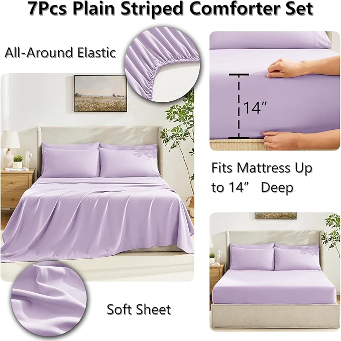 CozyLux King Size Comforter Set Lavender, 7 Pieces Bed in a Bag, Light Purple Comforter King Size, All Season Bedding Sets with Stitch Quilted Comforter, Flat Sheet, Fitted Sheet, Pillowcases