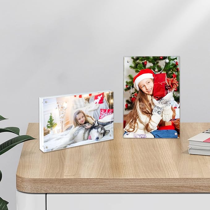 Acrylic Picture Frame, 2pack 4x6 Inch Clear Photo Double-Sided Frames, Magnetic 12+12MM Thickness Picture Frame Clear Photo Frame Stand, Double-Sided Acrylic Frame Stand