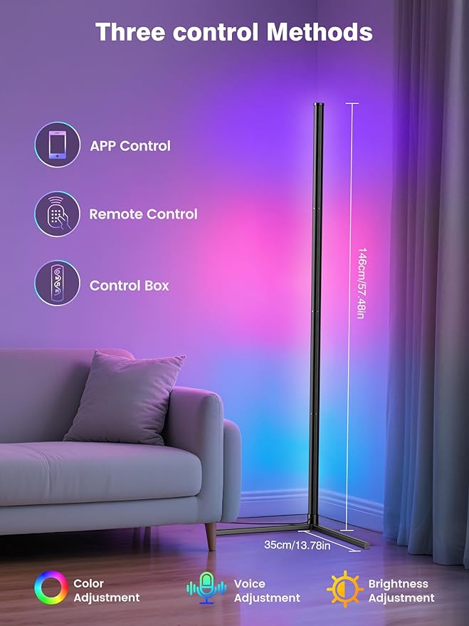 Corner Floor Lamp, Modern LED Corner Lamp with AC Adapter & APP & Remote Control, 16 Million Colors, 68+ Scene Modes, Music Sync, Ambient Lighting for Living Room, Bedroom, and Gaming Room