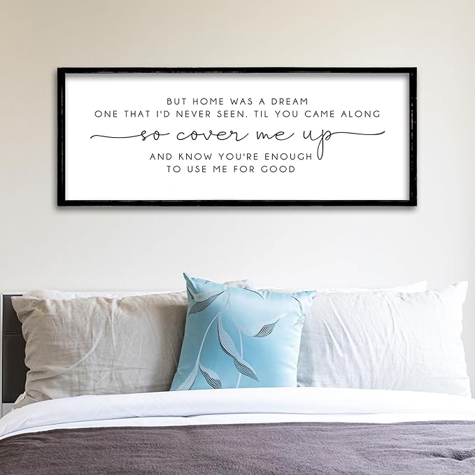 ZZJJHYWGQ Romantic Quote Wall Art So Cover Me Up Sign 32"×12" Inspirational Home Was A Dream Decor Rustic Large Wood Framed Print for Bedroom Living Room Couples Motivational Wall Hanging (Black)