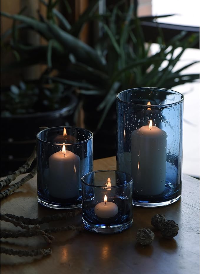 ARIAMOTION Blue Candle Holder for Pillar Set 3 Modern Glass Bubbles Hurricane Cylinder Vases Table centerpieces Home Decor Tabletop Kitchen Island Dining Room Coffee Bar 8" 5" 3.5" Height