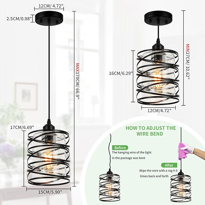 Black Pendant Lights for Kitchen Island, Industrial Farmhouse Pendant Light Fixtures with Seeded Glass Shade, Adjustable Spiral Iron Pendant Lighting for Foyer Hallway Dining Room Kitchen