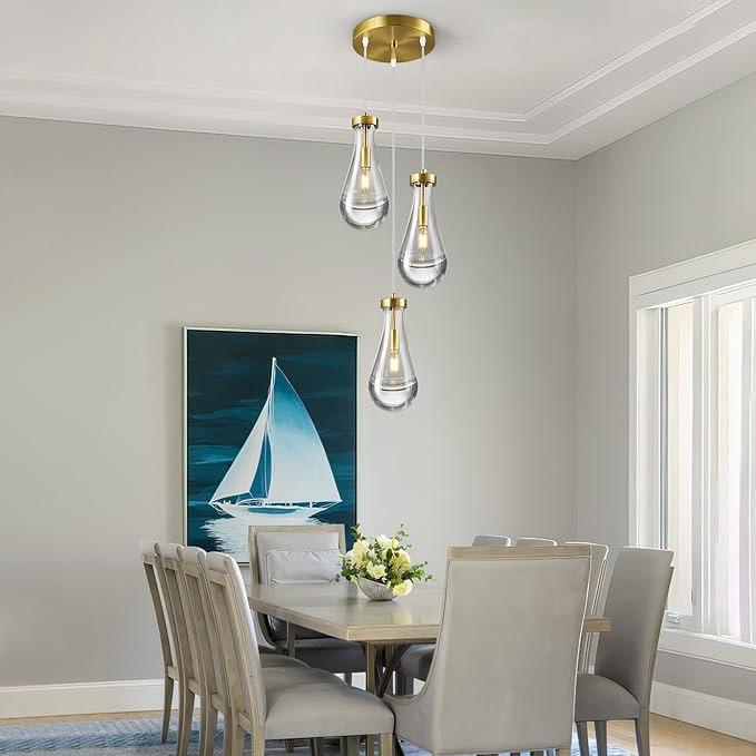 Raindrop Pendant Lights Kitchen Island Teardrop Gold Hanging Light Fixtures Clear Solid Glass Pendant Light Modern Chandeliers for Dining Room Porch Corridor Living Room(3-Light)