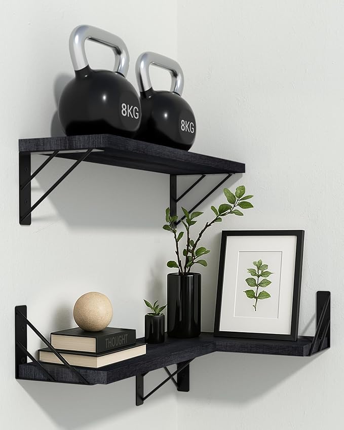 BAYKA Wall Shelves for Bedroom Decor, Floating Wall Shelves for Living Room Kitchen Storage, Mounted Rustic Wood Floating Shelves for Kids Books, Corner Shelves for Bathroom, Office(Set of 3)