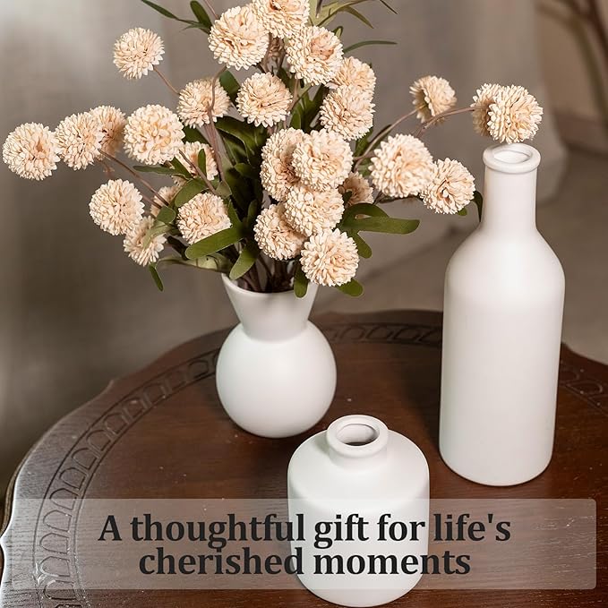 Fake Flowers in Vase for Centerpieces, Faux Flowers in Modern Ceramic Vase Set of 3 with 8 Artificial Autumn Chrysanthemums Home Decor