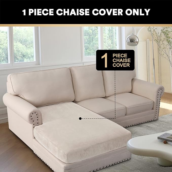 PrinceDeco Sectional Couch Covers Velvet Couch Cover for Dogs Washable L Shaped Couch Cover 1 Piece Individual Sectional Couch Covers with Elastic Bottom(Chaise Lounge,Ivory)