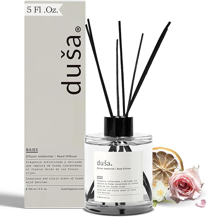 Duša Baies Scented Reed Diffuser & Sticks – 5 Fl Oz Essential Home Fragrance for Bathroom, Office & Living Spaces –Stylish & Long-Lasting Room Air Freshener –Ideal for Housewarming & Special Occasions