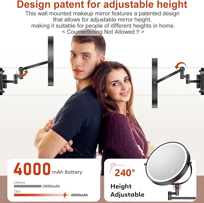 9" Wall Mounted Lighted Makeup Mirror,4000mAh Rechargeable Double Sided 1X/20X Magnifying Mirror with Light,Touch Dimmable,Extended Arm 360 Rotation Wall Mounted Makeup Mirror 3 Color Lights-B