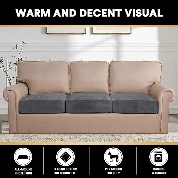 PrinceDeco Stretch Sofa Cushion Covers for Couches and Sofas,Soft Velvet Couch Seat Covers, Sofa Covers Washable, Seat Cushion Cover for 3 Couch Sofa Pet Friendly - Grey, Each Width Up to 29.5"