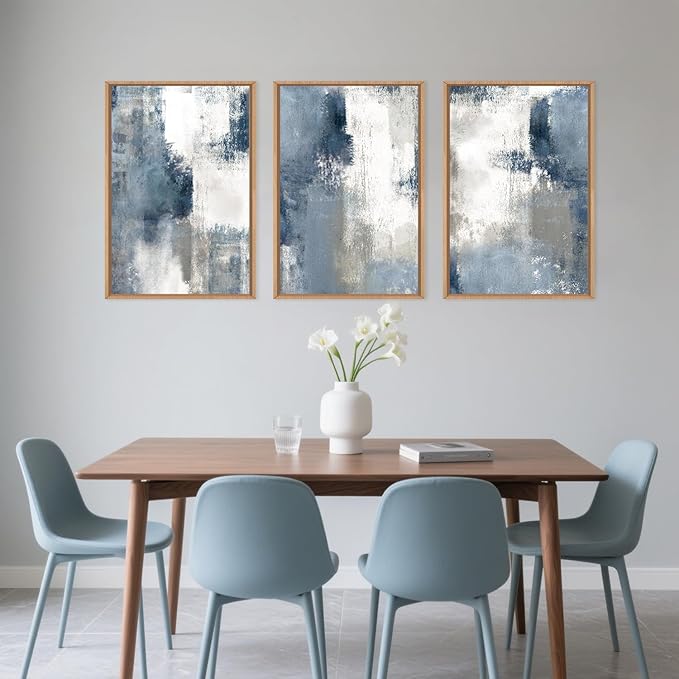 LHIUEM Large Abstract Brush Strokes Framed Canvas Wall Art Set,Navy Blue and Gray Wall Decor,Modern Color Block Shape Artwork,Minimalist Neutral Blue Printing for Living Room,Bedroom, Office-16''x24''x3
