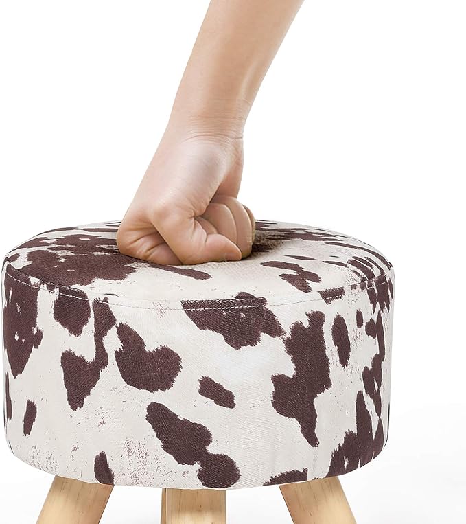 Asense Small Round Ottoman Foot Rest Stool Linen Padded Seat Footstool Ottoman with Anti-Slip Wooden Legs (Cow Brown,Linen)