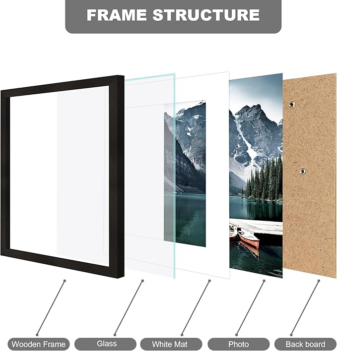 9x11 Picture Frame with Real Glass - Display Pictures 7x9 with Mat or 9x11 without Mat, Photo Frame for Wall or Table Top Display(Black, 3 Pack)