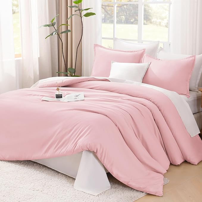Litanika Pink Comforter Set Queen Size, 3 Pieces Lightweight Soft Fluffy Solid Bedding Set, All Season Bed Set (90x90In Comforter & 2 Pillowcases)