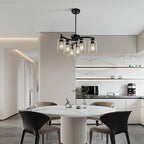 6 Light Modern Farmhouse Chandelier，Black Dining Room Light Fixture，Kitchen Pendant Lights Over Island with Glass Shade