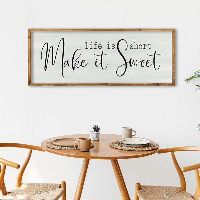ZZJJHYWGQ Life is Short Make It Sweet Sign Wall Decor 32"×12" for Bedroom Family Lnspirational Quote Large Wood Framed Wall Hanging Art (Wood)