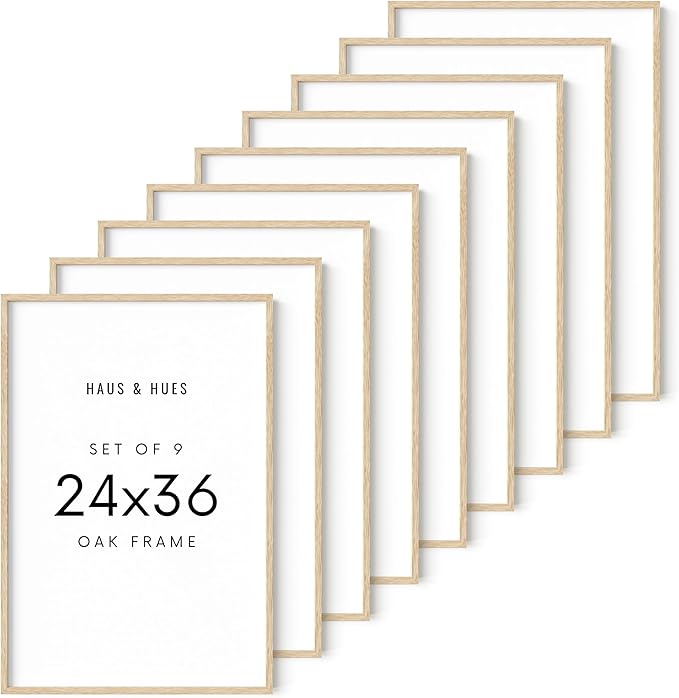 HAUS AND HUES Square Picture Frames 24 x 36 Set of 9 - Photo Gallery Wall Frame Set, Wood 24x36 Frames, 24 x 36 Frames Gallery Wall Set, 24x36 Frame with Mat, Square Frames 24x36 (Beige Oak Frames)