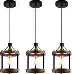 MO&OK Set of 3 Chandelier Vintage Pendant Light Fixture, Wood Color Farmhouse Wooden Metal Chandeliers, Open Frame Hanging Lighting for Diningroom,Bar,Entrance Hall,Kitchen Island H10.6 xD6.7