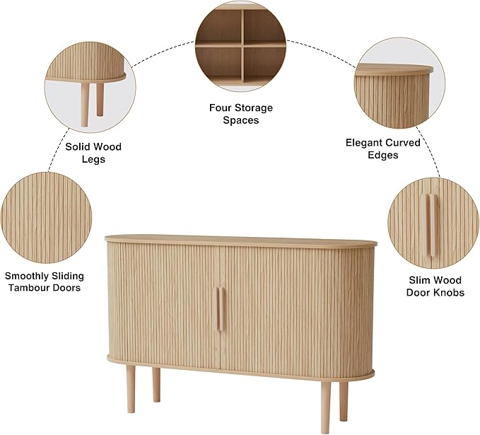 53''Sideboard Buffer Cabinet with Fluted Slide Doors, Modern Credenza Storage Cabinet, Tambour Bar Console Table for Living Dining Room Kitchen Hallway Entryway, Natural