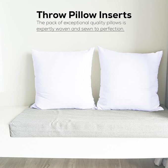 GOLD TEXTILES White Throw Pillows Insert (Pack of 4) - 16 x 16 Inches Polyester Sham Stuffer Throw Pillow - Lightweight Square Indoor Decorative Pillows - Bed and Cushion Couch Pillows